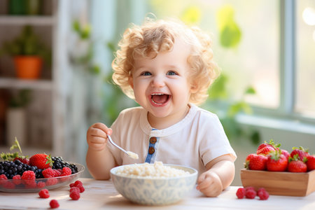 Cute little boy eating oatmeal with fresh berries. Healthy food for children.の素材