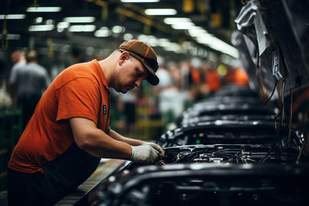 Car mechanic working in auto repair shop. Handsome Caucasian man in cap and orange t-shirt working in auto service.の素材