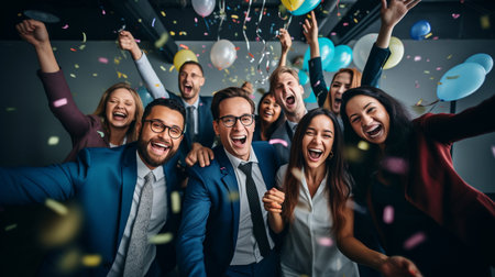 excited businesspeople celebrating with confetti and balloons at office partyの素材