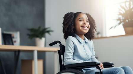 happy african american little girl in wheelchair at workplace in officeの素材