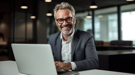 Portrait of smiling mature businessman using laptop in office. Mature businessman working with computer in office.の素材