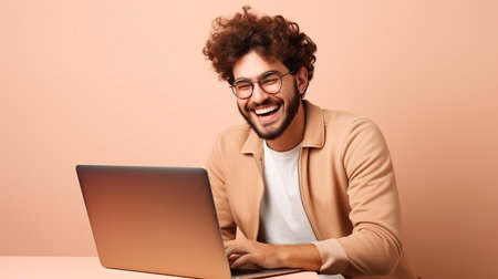Cheerful young man in eyeglasses using laptop while sitting at table on beige backgroundの素材