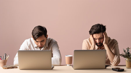 Two young businessmen sitting at a desk in front of laptops and having a headacheの素材