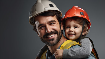 Portrait of a smiling father and son in hardhats on a gray backgroundの素材