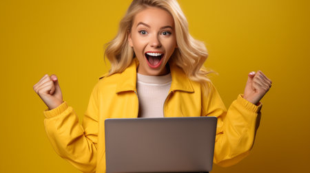 excited young woman in yellow jacket using laptop and celebrating success isolated on yellowの素材