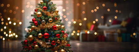 Christmas tree with red and golden balls in the living room with garlandsの素材
