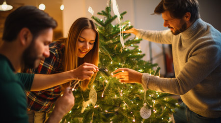 Happy young couple decorating Christmas tree at home. Focus on womanの素材
