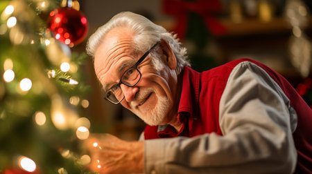 Portrait of a senior man decorating christmas tree at homeの素材