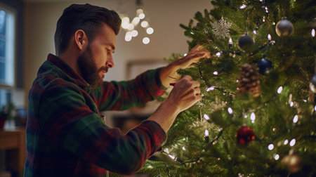 Handsome bearded man decorating Christmas tree in living room at homeの素材