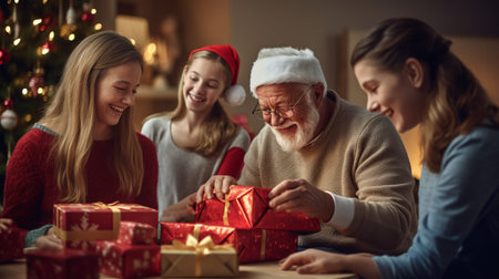 happy family with christmas presents and santa claus hats at homeの素材