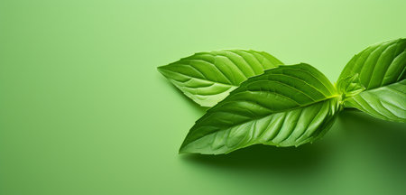 Fresh basil leaves on green background, top view, copy space.の素材