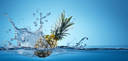 Pineapple in water splash on blue background. 3d renderingの素材