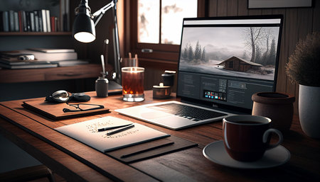 Workplace with computer and coffee cup on wooden table. 3d rendering.の素材