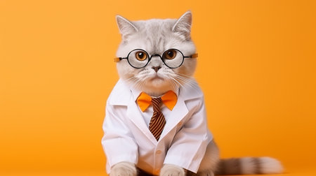 Cute cat wearing eyeglasses and white shirt on orange backgroundの素材
