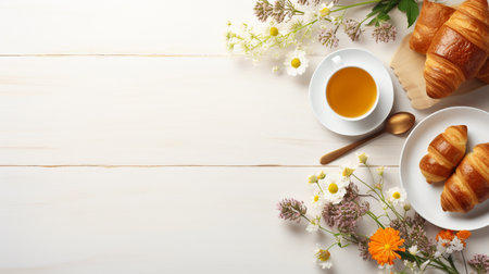 Cup of tea, croissants and flowers on white wooden tableの素材