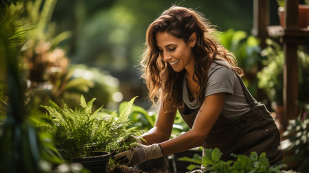 Portrait of a smiling young woman planting flowers in the garden.の素材