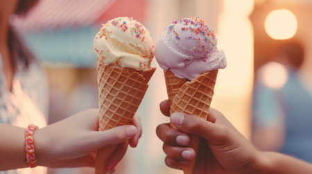 Close up of kids hands holding ice cream cones with pink and white creamの素材
