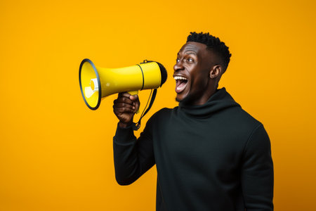 Young african american man shouting through a megaphone on yellow backgroundの素材
