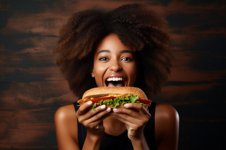 Cheerful african american woman eating hamburger on wooden backgroundの素材