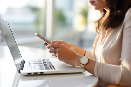 Cropped image of businesswoman using mobile phone and laptop in officeの素材