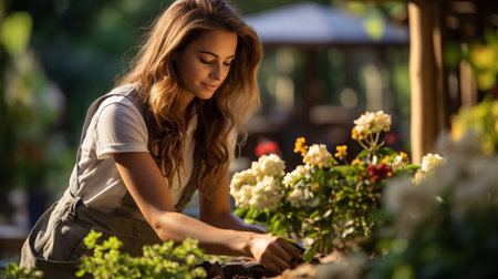 Beautiful young woman planting flowers in the garden. Selective focus.の素材