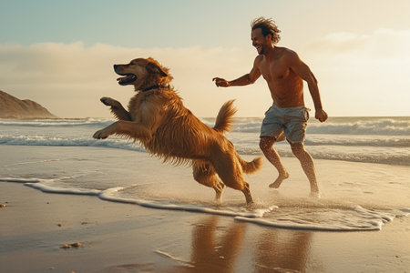 Young man running with his dog on the beach at sunset time.の素材