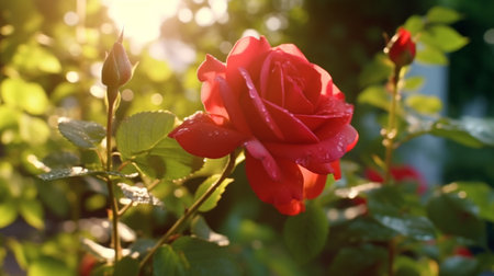 Red rose with dew drops on the petals in a gardenの素材