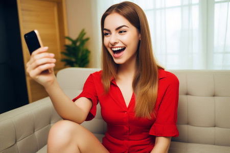 Happy young woman taking selfie with mobile phone sitting on sofa at homeの素材
