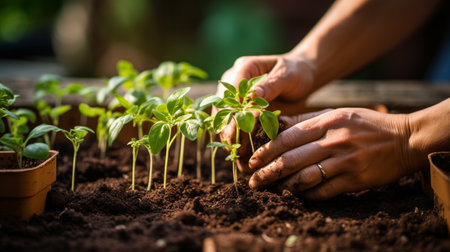 Close up of woman hands planting seedlings in soil at home.の素材