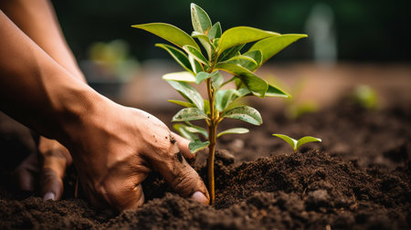 Close up hand of woman planting tree with soil in the garden backgroundの素材