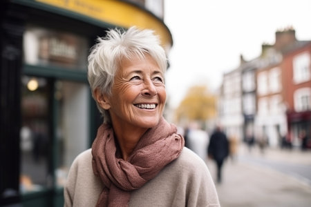 Portrait of smiling senior woman walking on street in London, UKの素材
