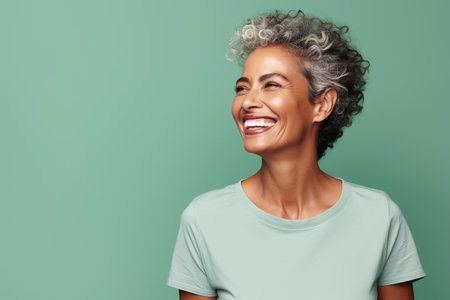 Portrait of happy african american woman laughing against green backgroundの素材