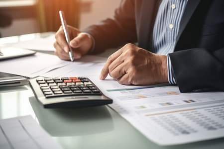 Businessman analyzing investment charts with laptop and calculator. Accounting concept.の素材