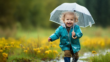 Adorable little girl in raincoat with umbrella playing in a puddleの素材