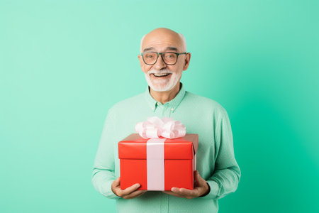 Portrait of happy senior man holding gift box on green background.の素材