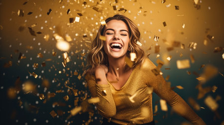 Portrait of a beautiful happy young woman with confetti on color backgroundの素材