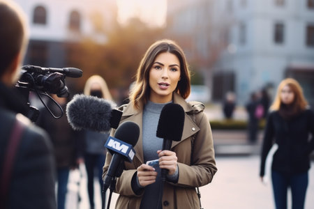 Young beautiful woman in beige coat with a microphone on the streetの素材