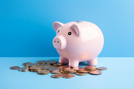 Piggy bank and coins on blue background, saving money conceptの素材