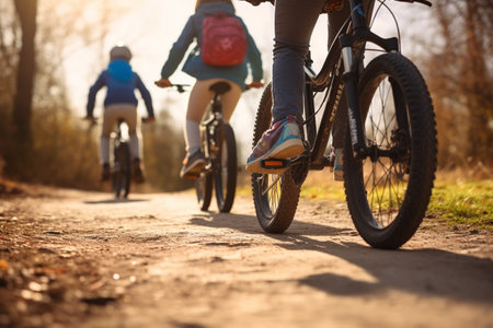 Mountain bikers on a dirt road in the forest at sunsetの素材