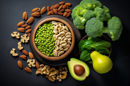 Healthy vegan food background. Nuts, green beans, avocado, pistachios and broccoli on black backgroundの素材
