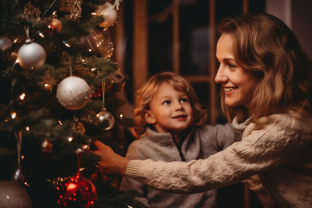 happy mother and daughter decorating christmas tree at home in eveningの素材