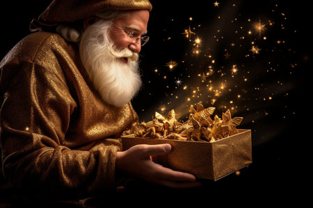 santa claus opening a gift box with golden stars on black backgroundの素材