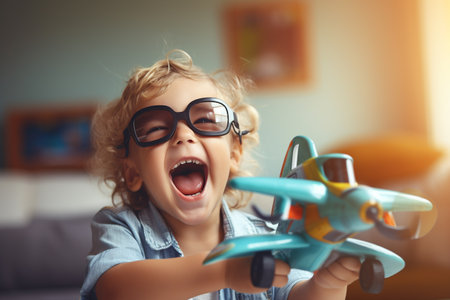 Cute little boy playing with toy airplane at home in the living roomの素材