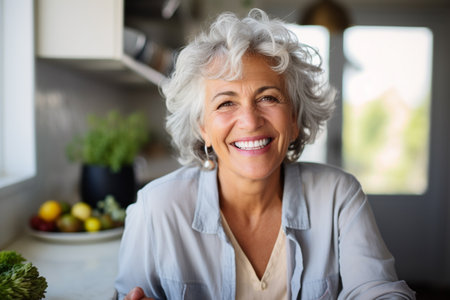 Portrait of smiling senior woman looking at camera in kitchen at homeの素材