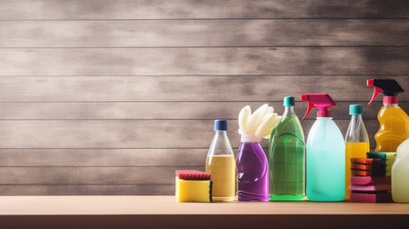 Variety of cleaning products on wooden background. House cleaning concept.の素材