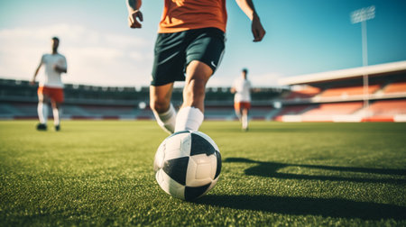 Soccer player running with ball on the field. Blurred background.の素材