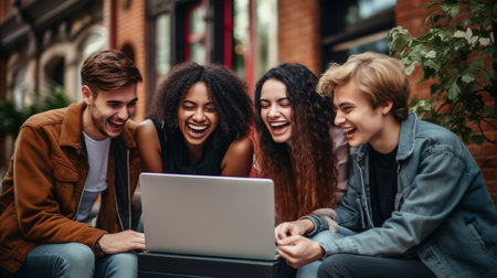 Group of young students sitting on the street and using a laptop.の素材