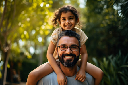 happy father and daughter piggybacking in park on summer dayの素材