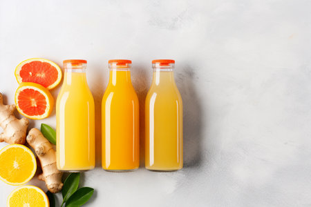 Bottles of fresh ginger and orange juice on light background, top viewの素材