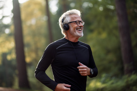 Senior man jogging in the forest. Sport and healthy lifestyle.の素材